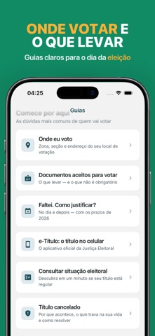 Apresentação do app Guia do Título de Eleitor: orientações sobre onde votar e o que levar.